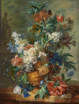  muerta Pintura - Naturaleza muerta con estatua de Flora, la diosa de las flores, Jan van Huysum, flores clásicas.